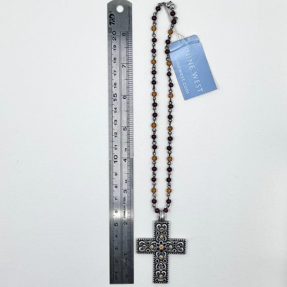 NWT - Nine West - Jeweled Heart Cross Silver Tone Red & Yellow Beaded 14” Choker - Picture 4 of 8